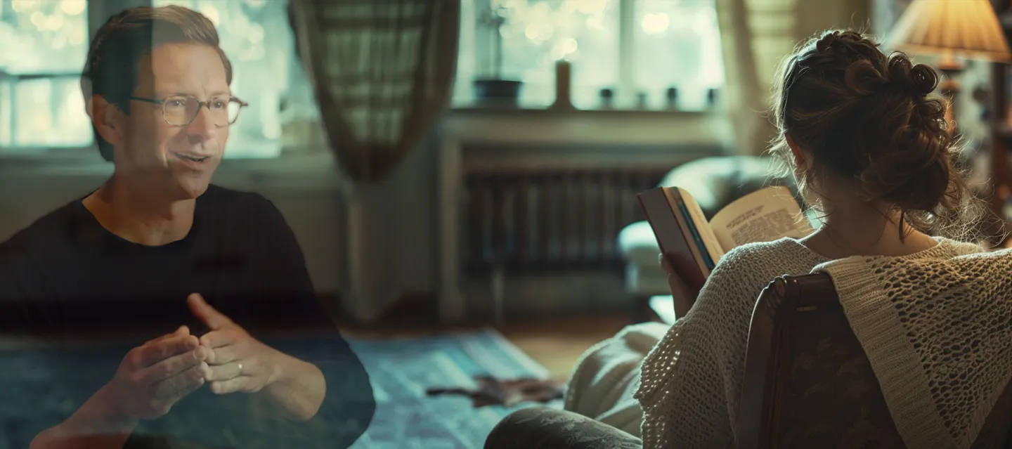 Man and woman in a room with warm lighting; the man on the left appears to be talking and gesturing, while the woman on the right is seated and reading a book.